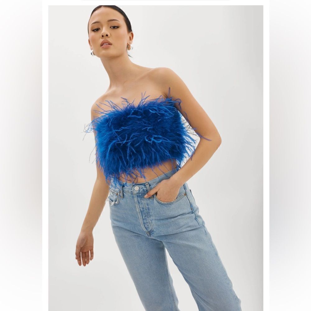 NWT LaMarque Zaina Top maribou feather bandeau bustier cobalt blue Revolve XS - Picture 7 of 10